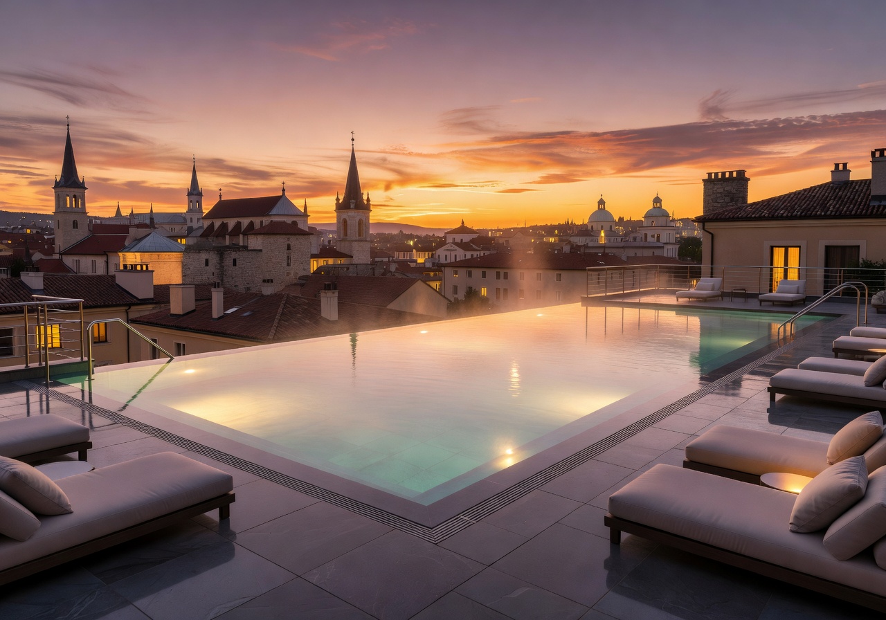 heated infinity pool rooftop luxury europe sunset