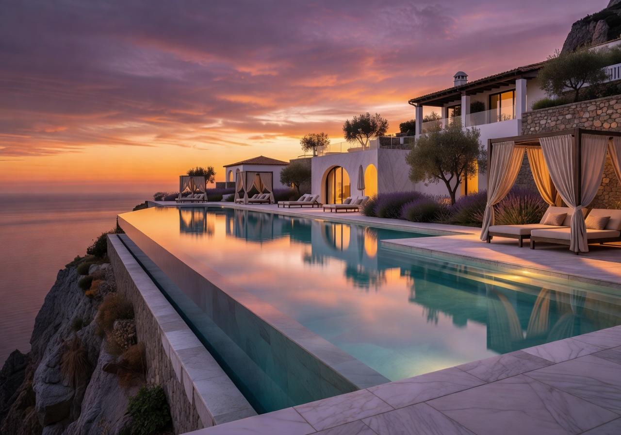 luxury european resort with infinity pool at sunset