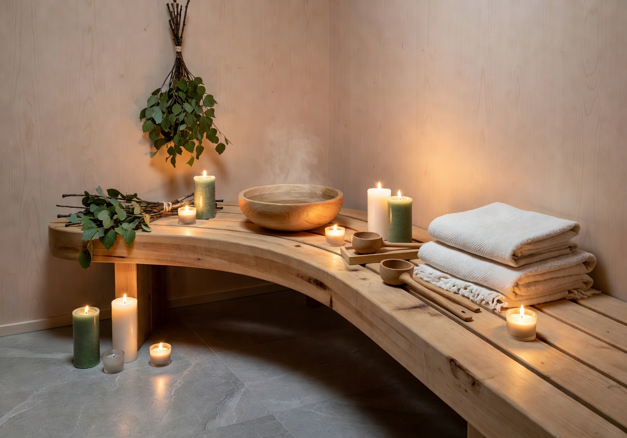 luxury nordic sauna ritual candlelit wellness room